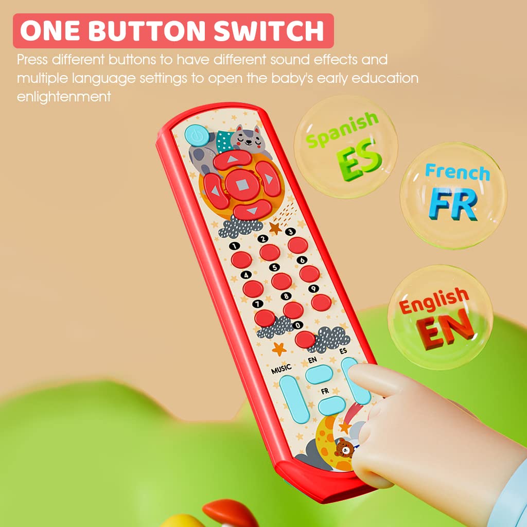 PATPAT Remote Control Toys for Babies Three Language Musical Light Toy Remote, Montessori Learning TV Remote Toy, Soothing Toy, Sensory Toy, Educational Toys for 6 Months+ Toddlers Boys Girls (Pink)
