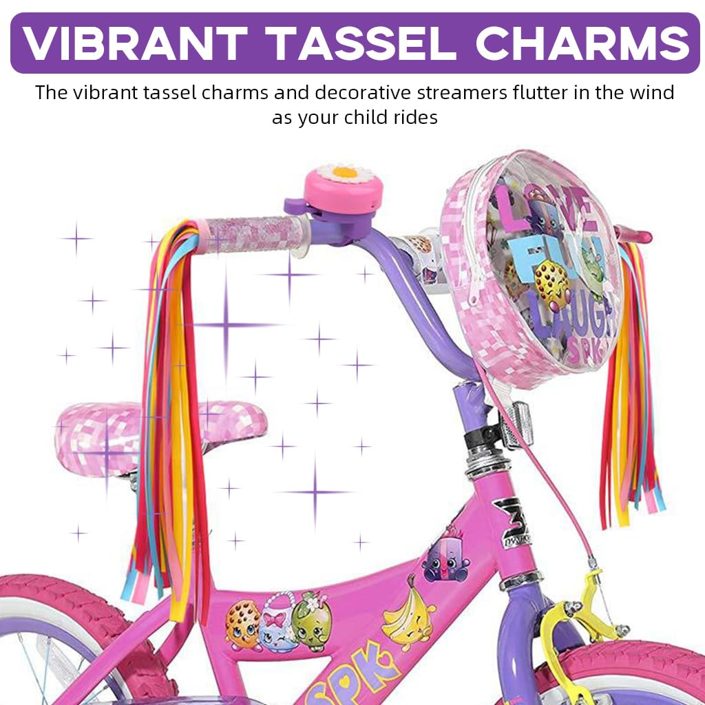 Proberos® Kids Bike Bell Daisy Flower Pink Dome Bell with 2 Pack Pink Tassels Charms Bike Charms Scooter Charms Handle Bar Charms Decorative Streamers for Kids Bike, Scooters