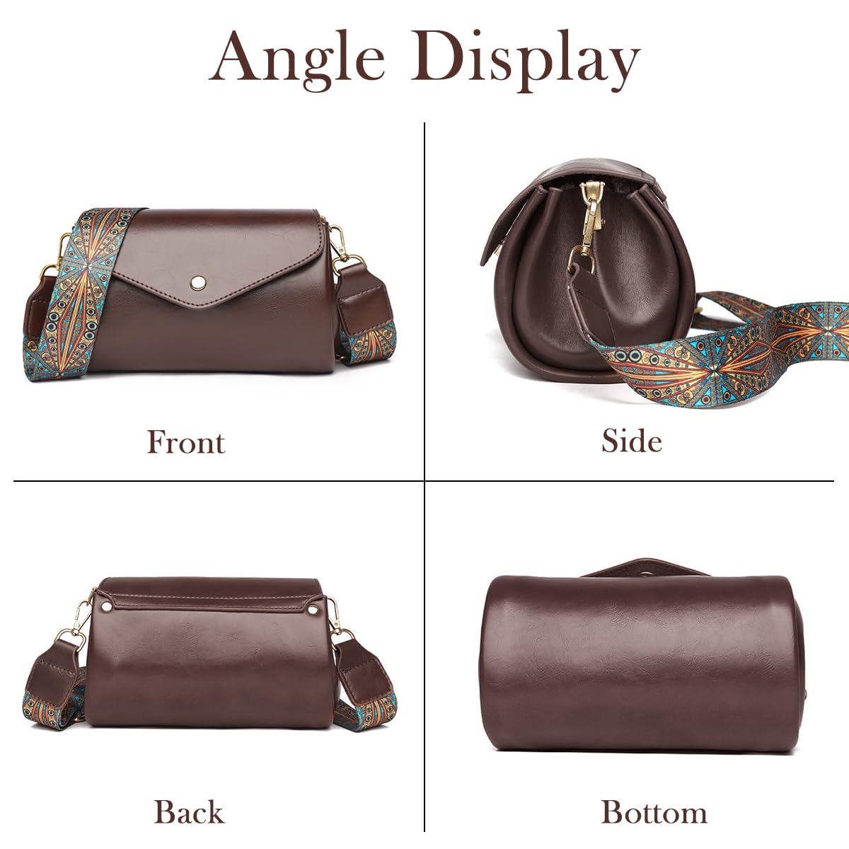 PALAY Shoulder Bag for Women Crossbody Bag Vintage Brown PU Shoulder Bag Evening Bag Print Wide Shoulder Belt Design Snap-on Closure Multi Compartment Casual Shoulder Bag, 19x13x12cm