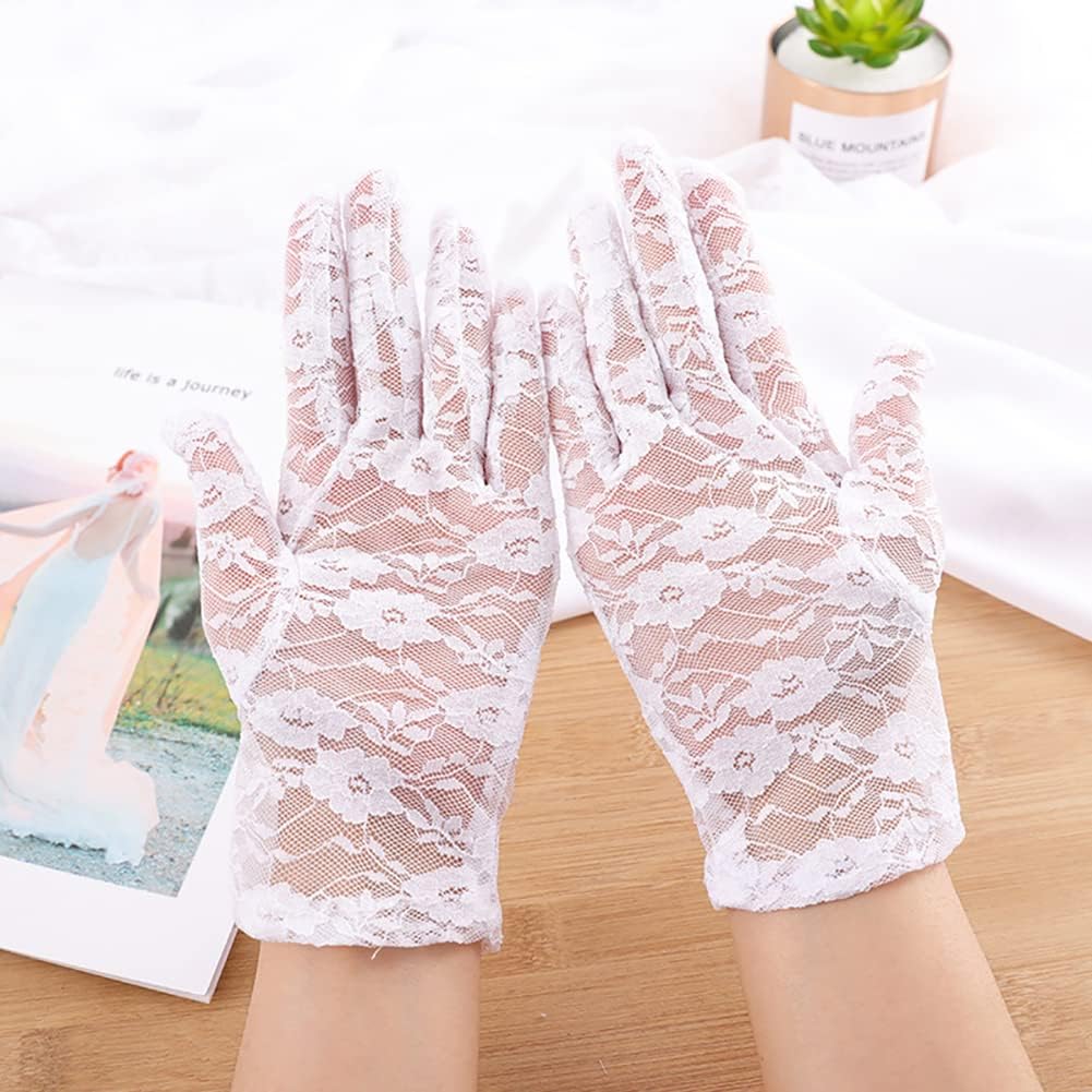 ZIBUYU Lace Gloves for Bride Marriage Dress Gathered Rhinestone Lace Sequins Satin Bridal Party Wedding(white)