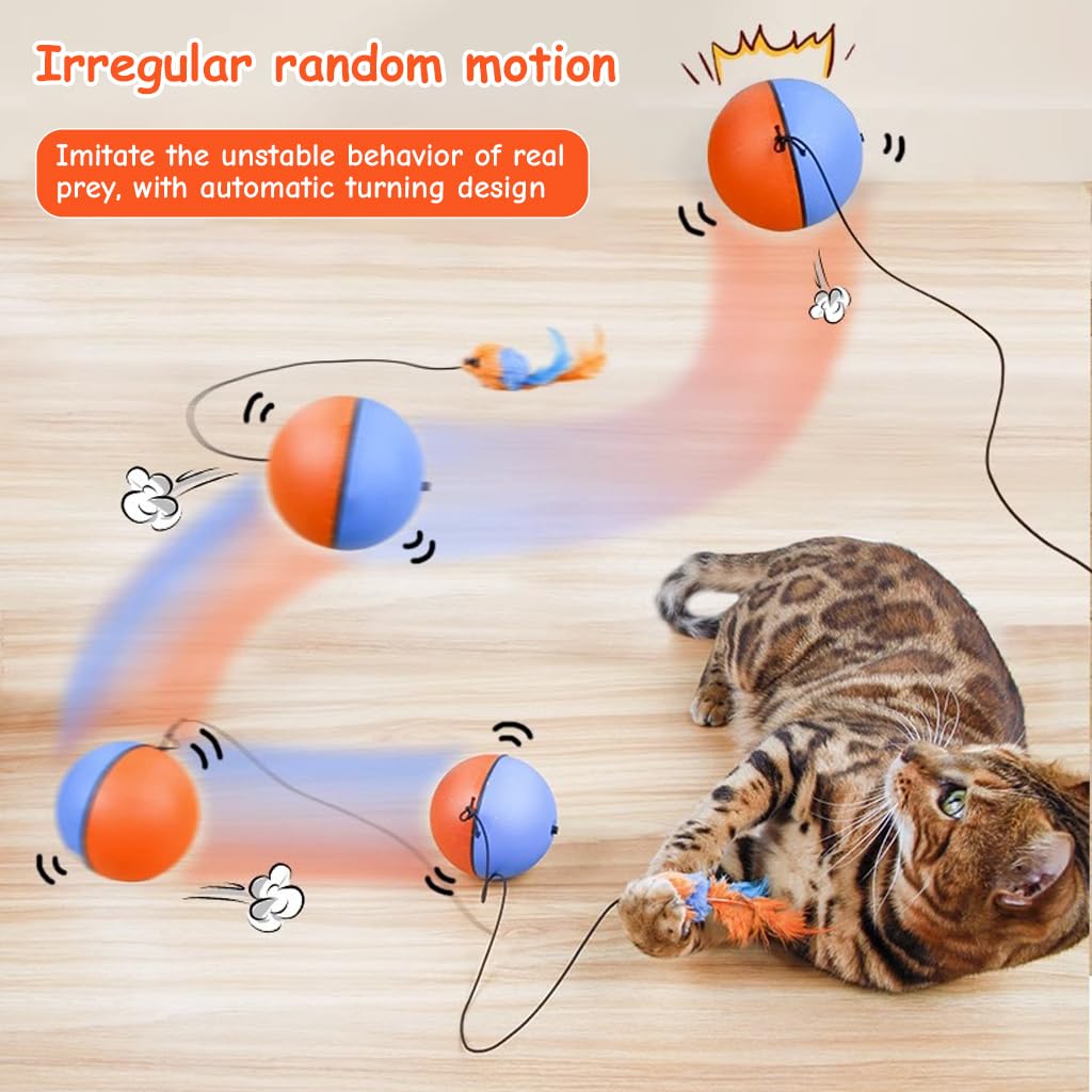 Qpets Cat Ball Toy, Cats Teasing Toy Ball Cat Chasing Chew Ball Toy with Feather Tail, Electric Random Turn Grinding Toy Indoor Self-Entertainment Cat Toy(Not Included Battery)