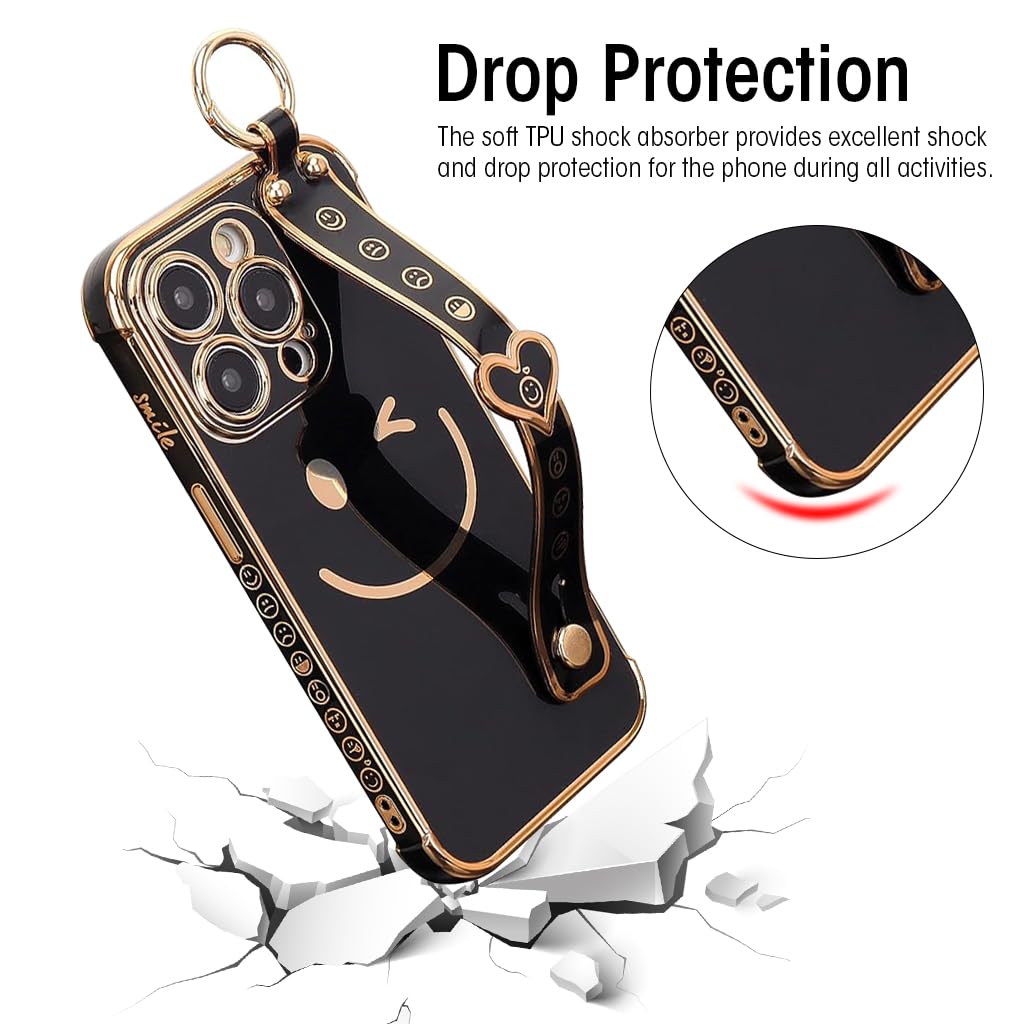 ZORBES Phone Case for iPhone 14 Pro Max Stylish Smile Face Phone Case with Hand Grip Strap & Metal Ring Golden Electroplating Frame TPU Phone Cover for iPhone 14 Pro Max 6.7 inch, Black