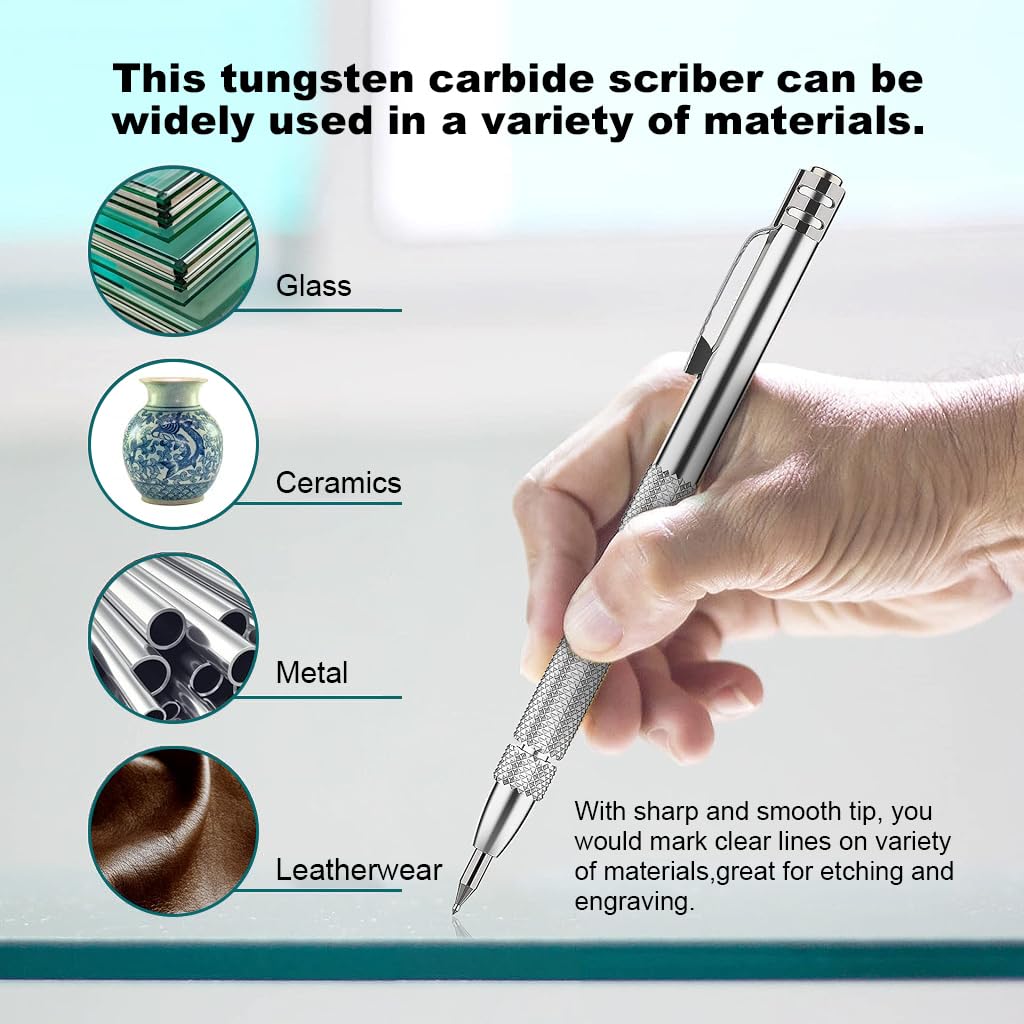 Serplex 2Pcs Tungsten Scribers with 10 Interchangeable Tungsten Tips Anti-Slip Pocket Tungsten Scriber with Strong Magnet Cap Multipurpose Tungsten Carbide Scribers for Glass/Ceramics/Metal Sheet