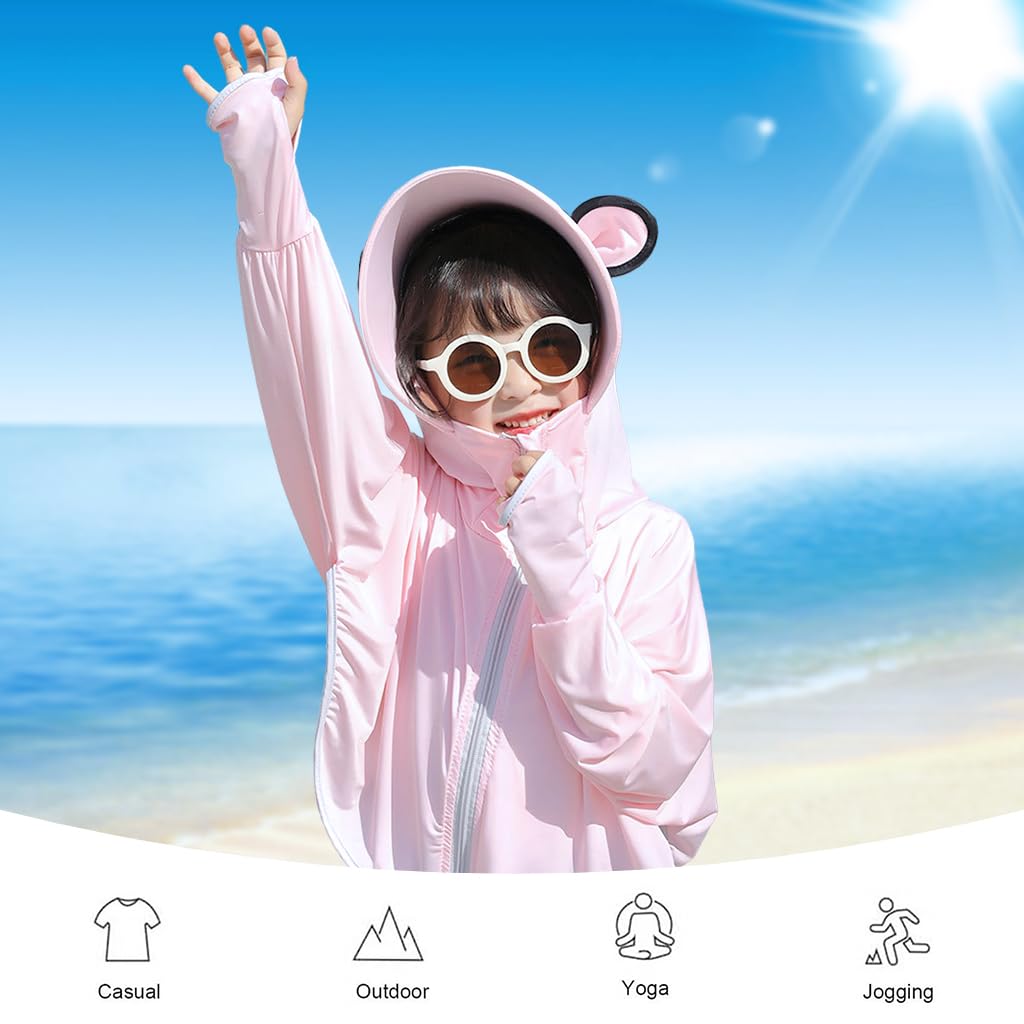 PALAY Sunscreen Jacket for Girls, UPF 50+ Sun Protection Hoodie Jacket for Girl Kid Long Sleeve Wide Brim Hat Summer Coat with Face Mask for Hiking Outdoor 110-130cm Girl