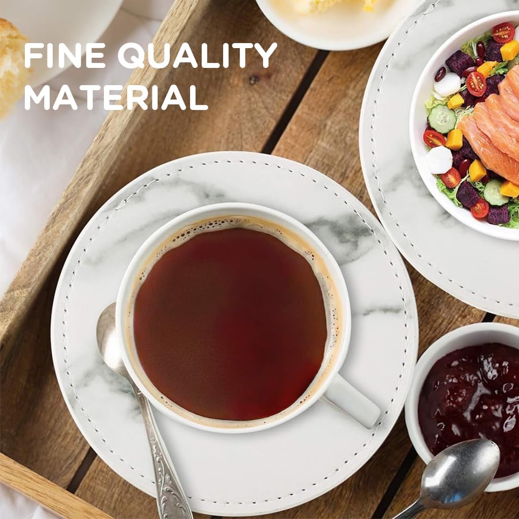 HASTHIP 6Pcs Leather Coasters for Drinks, Marble and Waterproof Coasters Table Protective Non-Slip Pads with Holder for Coffee Table and Office Desk, Leather Drink Coasters