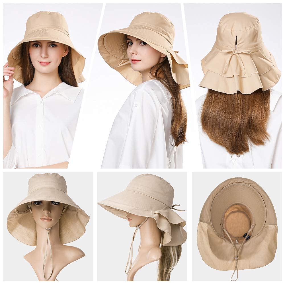 PALAY Fashion Women Wide Brim Hat-UV Protection Summer Sun Hat with Ponytail Hole Back Neck Flap Cover,Khaki