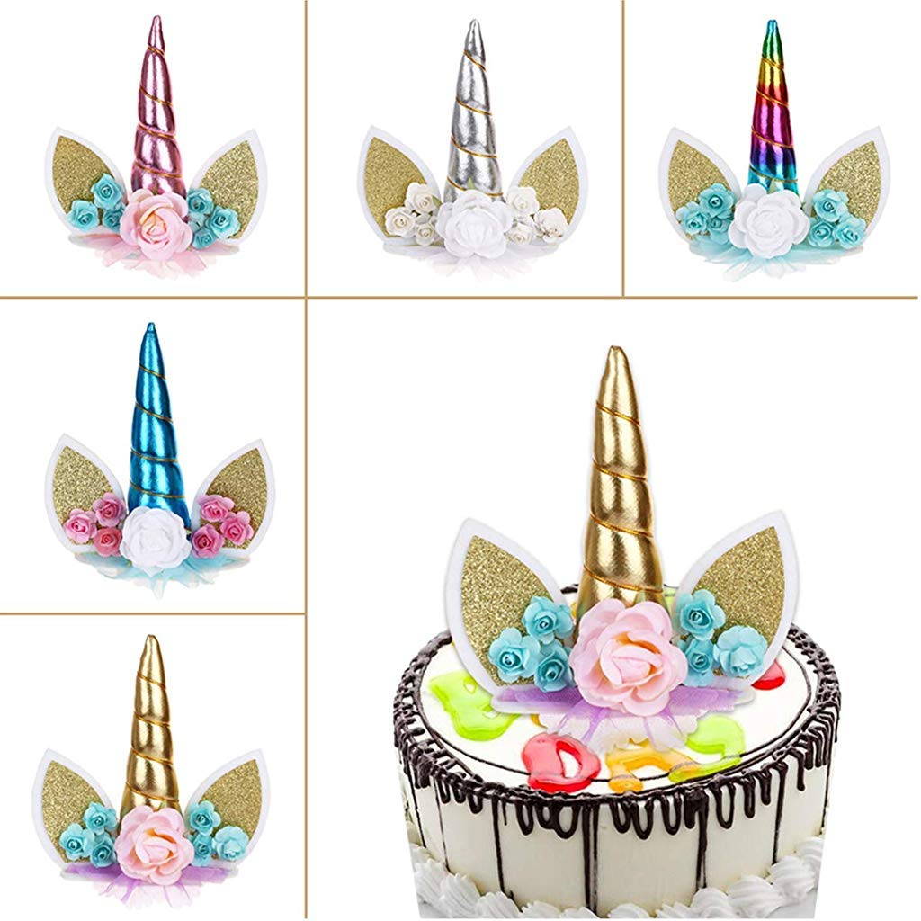 HASTHIP® Handmade Gold Reusable Unicorn Horn Ears Eyelash Set Birthday Cake Topper Decoration 5.8 Inch 2 PCS