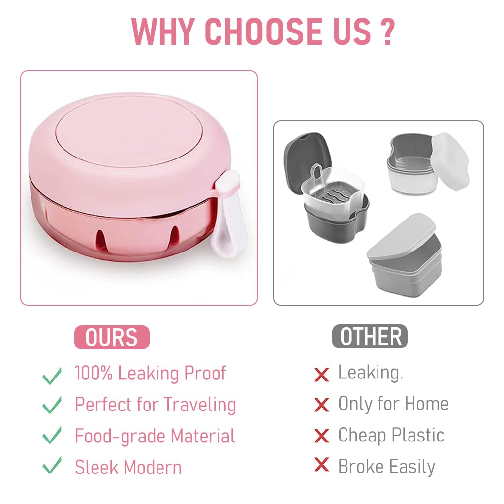 HANNEA Denture Case, Denture Bath Case Cup Box Holder, Leak Proof Portable Retainer Case, Denture Box with Strainer & Mirror for Travel, Denture Case for Aligner Retainer Mouth Guard, Pink
