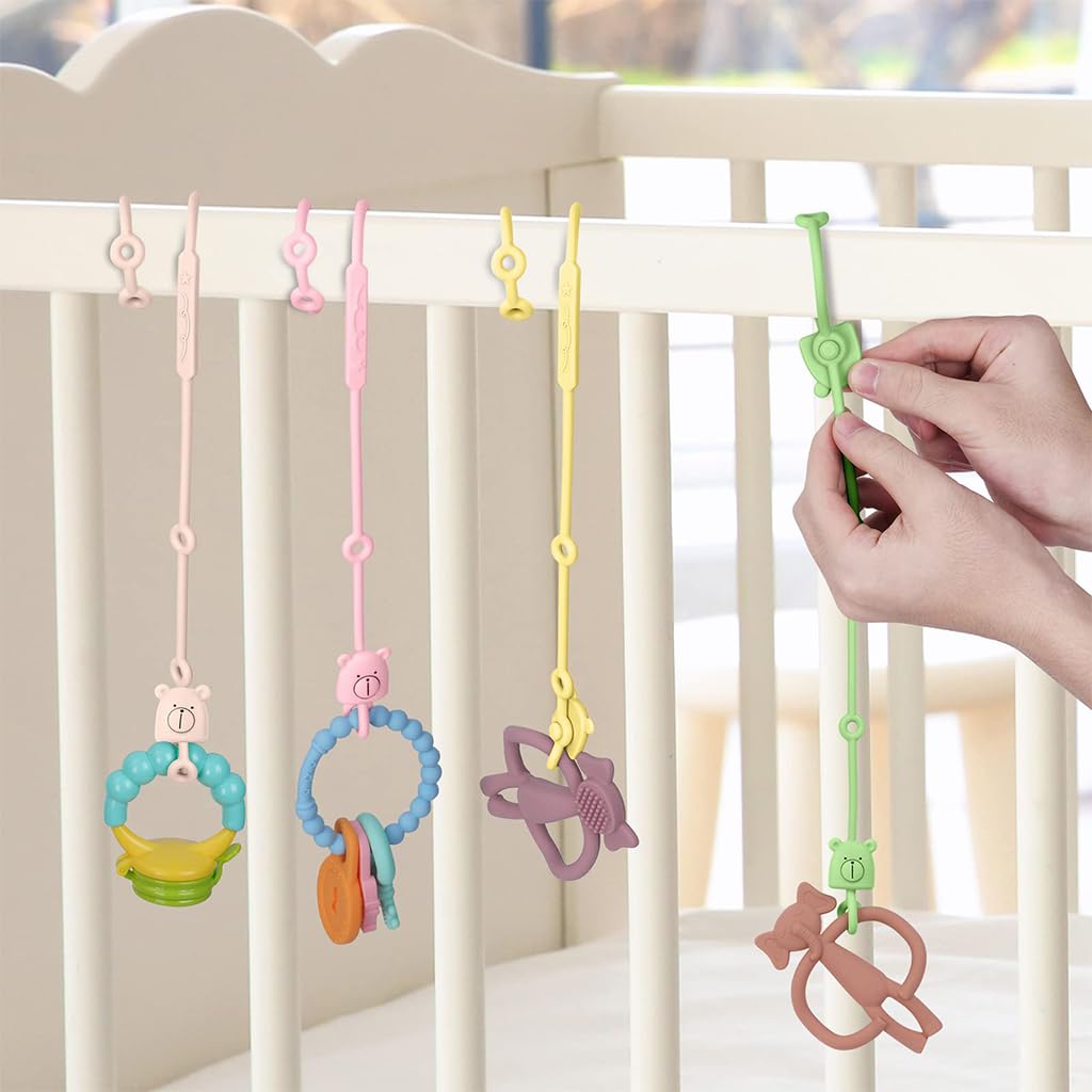 SNOWIE SOFT 4Pcs Baby Pacifier Anti-Lost Straps, Easy Tie-Up Food Grade Silicone Safe Pacifier Straps Pacifier Ties on High Chair, Stroller Kawaii Cute Bear Baby Pacifier Straps Pacifier Ties