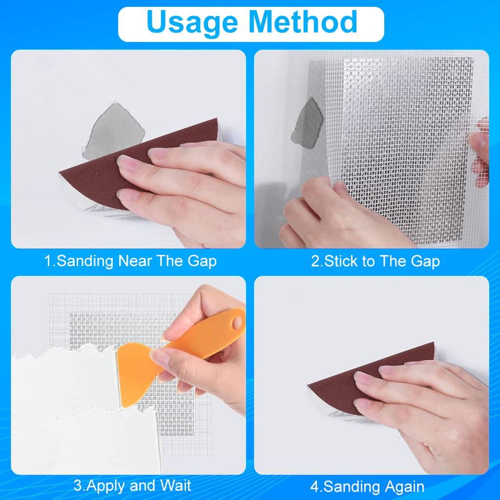 Serplex Drywall Repair Kit 14 Pieces Aluminum Wall Repair Patch Kit, 4/6/8 inch Fiber Mesh Over Galvanized Plate, Dry Wall Hole Repair Patch with Scraper, Sand Papers, Extended Self-Adhesive Mesh
