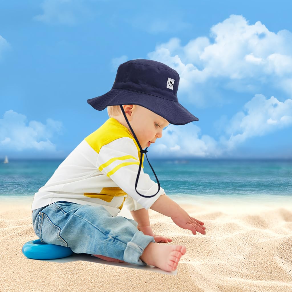 SNOWIE SOFT 2Pcs Hat for Kids Wide Brim Sun Hat Fashion Bucket Hat UPF 50+ Sun Protection Cap Unisex Sun Hat Outdoor Sun Hat for Kids 4-6 Years, Head Circumference 52 CM Navy Grey