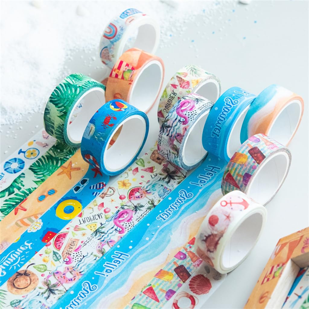 HASTHIP 10 Rolls Summer Washi Tape Set, 15mm Beach Ocean Cut Washi Masking Tape Decorative Tape for Bullet Journal, Book, Planner, Scrapbooking, DIY Arts (15mm x 5 meters Per Roll)