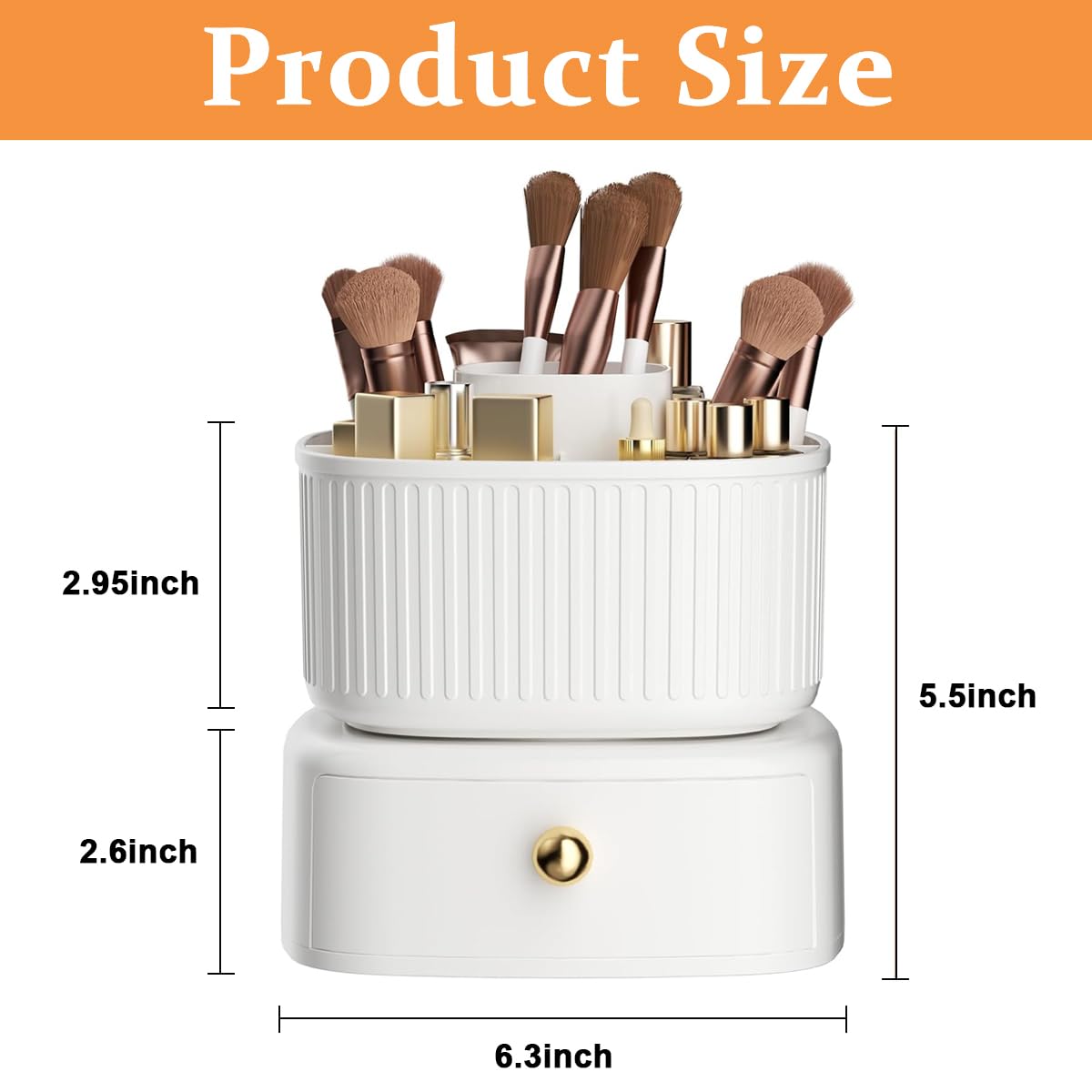 MAYCREATE Makeup Organizer Box, 360° Rotating Makeup Brush Holder with Drawer, Cosmetics Display Case Skincare Storage for Vanity Desktop Bathroom - Ivory
