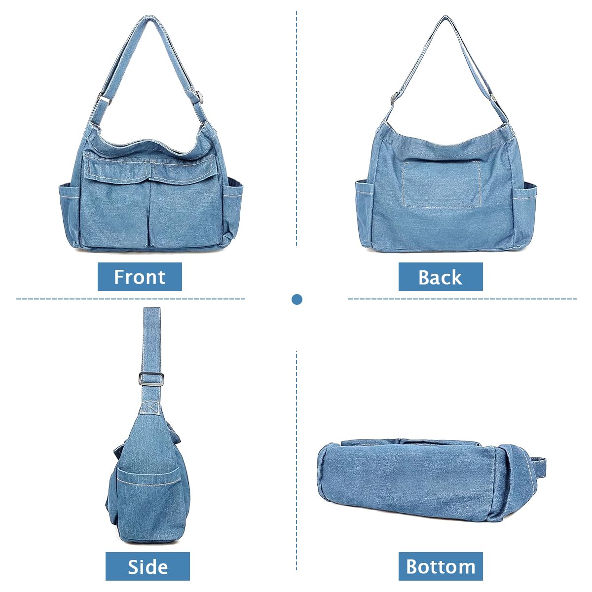 PALAY Canvas Shoulder Bags For Women, Large Capacity Solid Soft Denim Leisure Travel Bag Multiple Pockets Denim Crossbody Bag Denim Bags