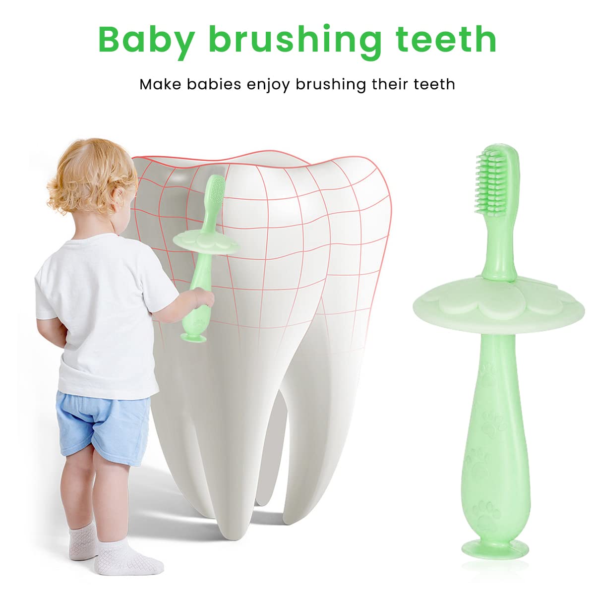 SNOWIE SOFT Baby Brush for 1-2 years Soft, Food Grade Silicon Baby Tooth Brush With Anti Chocking Shield, 2 in 1 Baby Toothbrush & Tongue Cleaner for Kids 0-2 year with Box & 3 Brush Heads