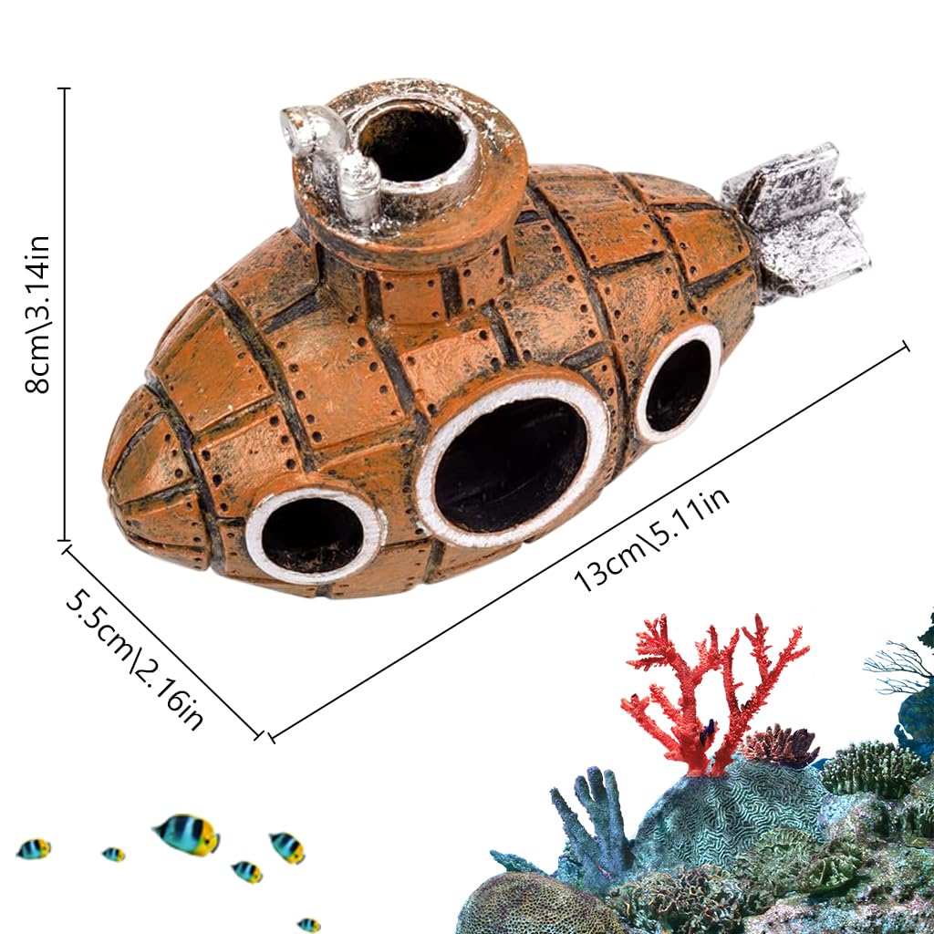 Qpets Aquarium Decoration, Floating Cartoon Submarine Model Fish Tank Decoration, Resin Hollow Out Submarine Ornament Fish Hideout Cave Desktop Decoration Best for Study / Office / Living Room