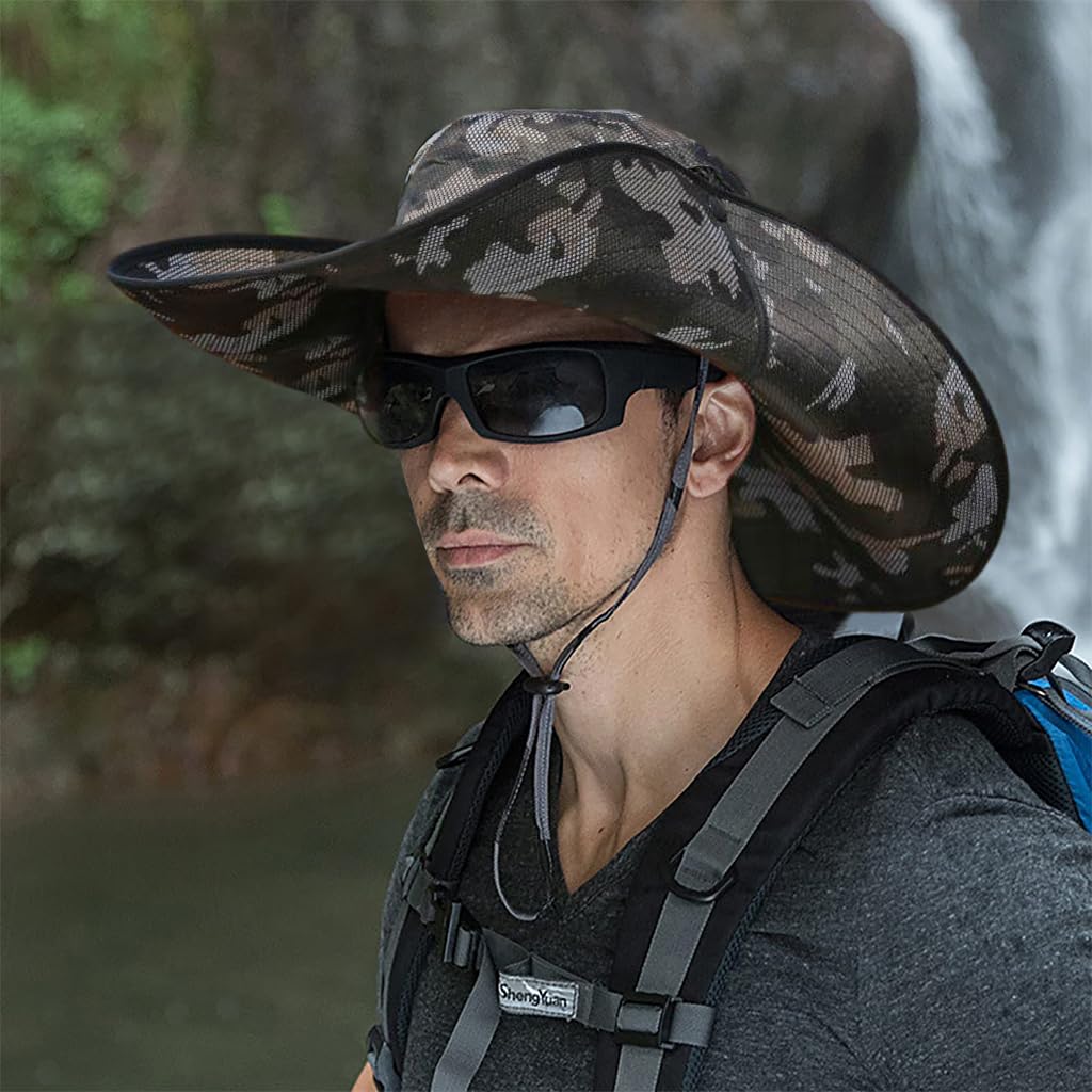 GUSTAVE Hat for Men, UPF50+ Extra Wide Brim Bucket Hat - Breathable & Adjustable Sun Hat with Flip-Up Design, for Men & Women - Ideal for Fishing, Hiking & Beach Trips, Camouflage
