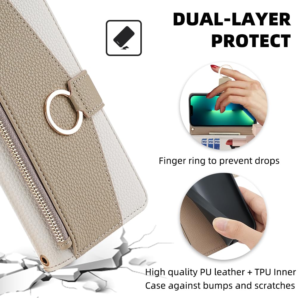 ZORBES Leather Phone Case for iPhone 15 Pro Fashion Women Flip Wallet Phone Case with Cash Zipper Pouches & Card Holders Multifunctional PU Leather Flip Phone Case with Removable Chain Strap