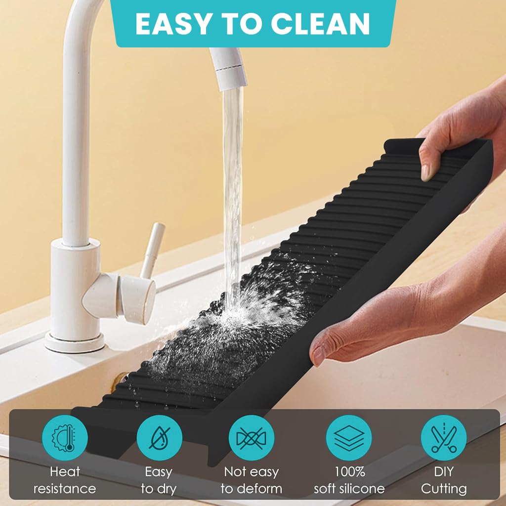 Supvox Kitchen Sink Edge Protector Water Splash Guards Silicone Kitchen Sink Counter Top Water Guard Cuttable Universal Modern Kitchen Sink Water Guards, 4x20 inches