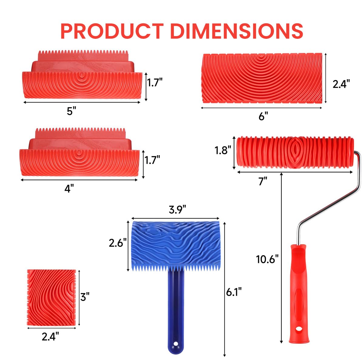 Serplex 6Pcs Paint Roller Tool Kit Spiral Grain Paint Roller Tools Cross Grain Paint Roller Tools with Handle Multi Sizes Rubber Graining Roller Tools for Wall, DIY Wooden Craft, Art Painting