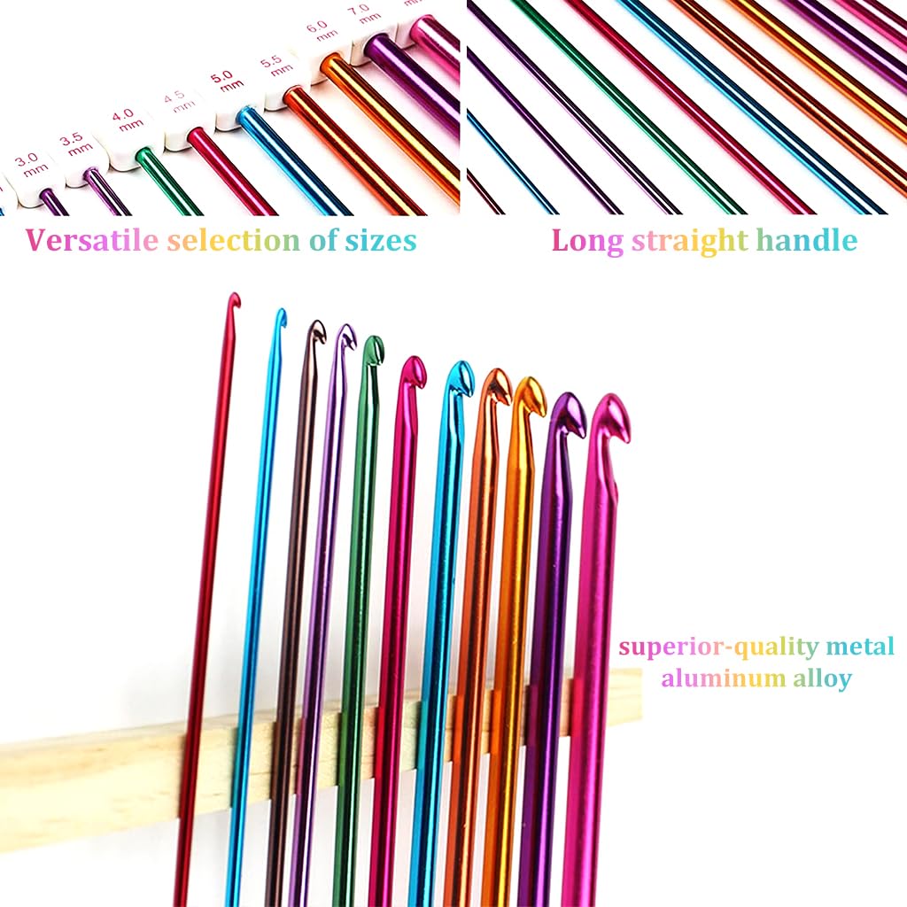 HASTHIP 11PCS Long Crochet Hook Set, 2.0-8mm Aluminum Knitting Needles Set Crochet Hooks, Beginners Metal Multicolour Knitting Tools Set Knitting & Crochet Supplies for Beginners