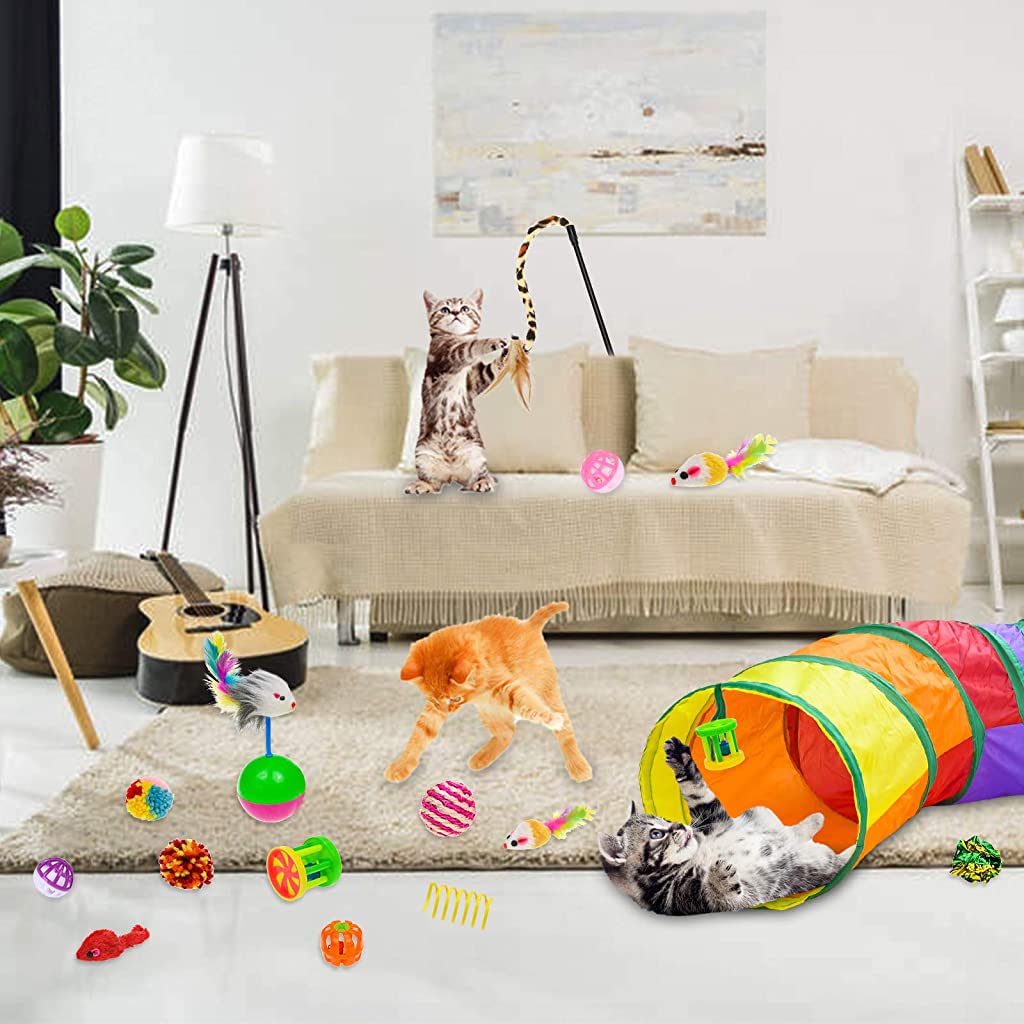 Qpets 20 PCS Cat Toys for Kittens Set, Collapsible Cat Rainbow Tunnels for Indoor Cats, Family Set Cat Teaser Toy Cat Feather Toy Fluffy Mouse Crinkle Balls Toys for Cat Puppy Kitty