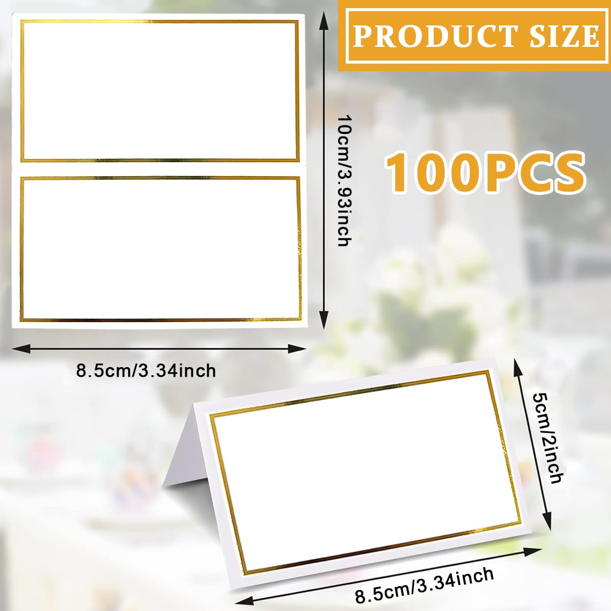 HASTHIP 100Pcs Place Cards for Table Setting Name Cards Wedding Place Cards, Bifolding Minimalist Place Cards with Gold Foil Border for Wedding, Banquets, Events, Reserved Seating, Tent, 3.5 x 2 Inch