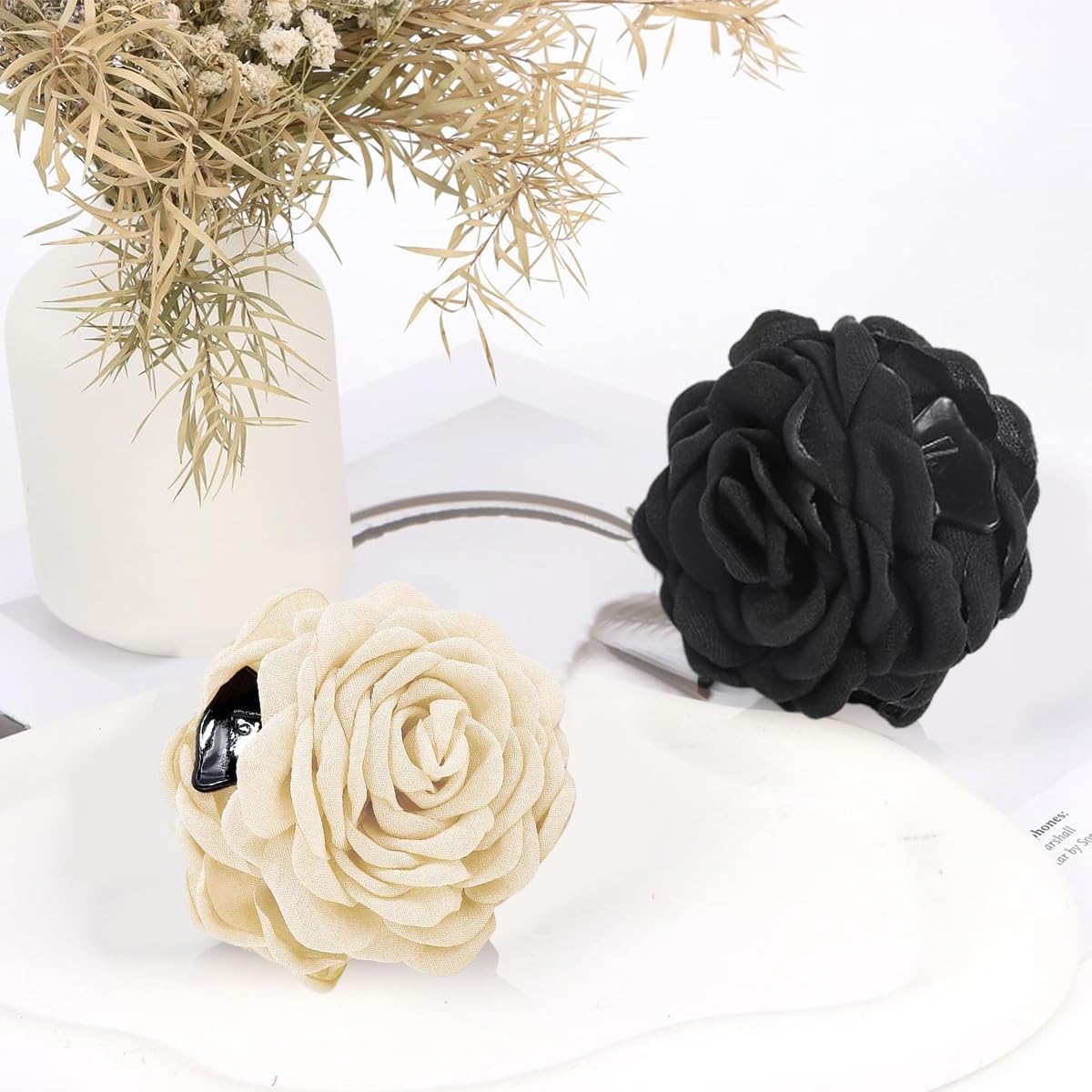 PALAY 2Pcs Rose Hair Claw Clips for Women Large 3.5 In Flower Claw Clip Hawaiian Fashion Blooming Rose Claw Clips Aesthetic Hair Clip - Black & White