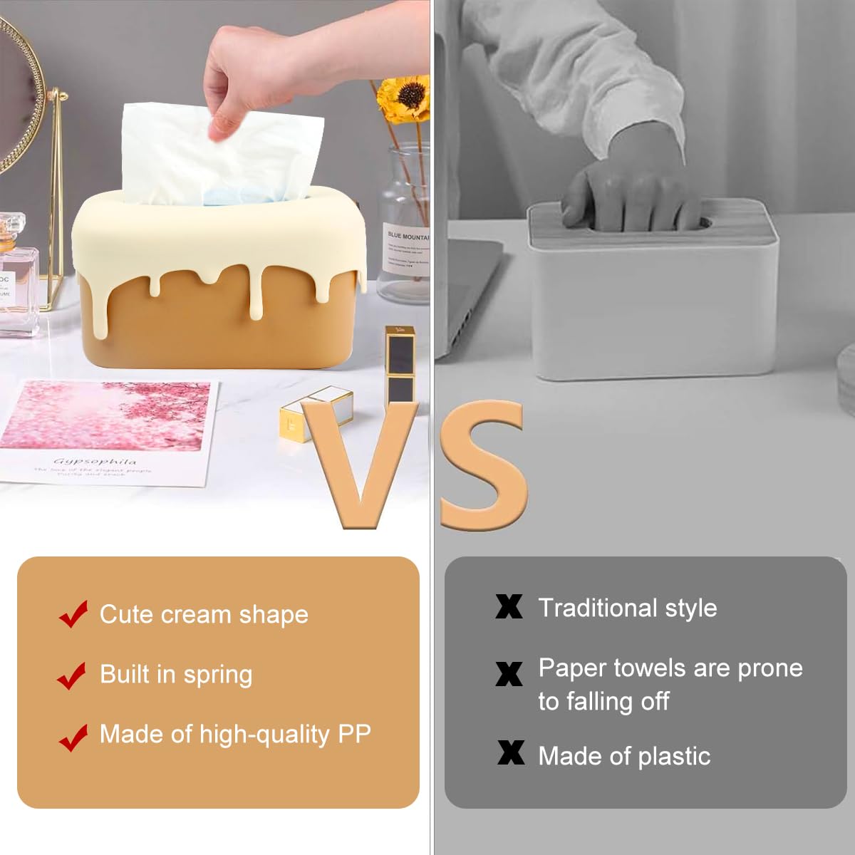HASTHIP Kawaii Tissue Paper Box Cover for Disposable Paper Facial Tissues, Tissue Paper Case Dispenser Spring/Loaded Tissue Box for Home, Office, Car(25x16x12cm)