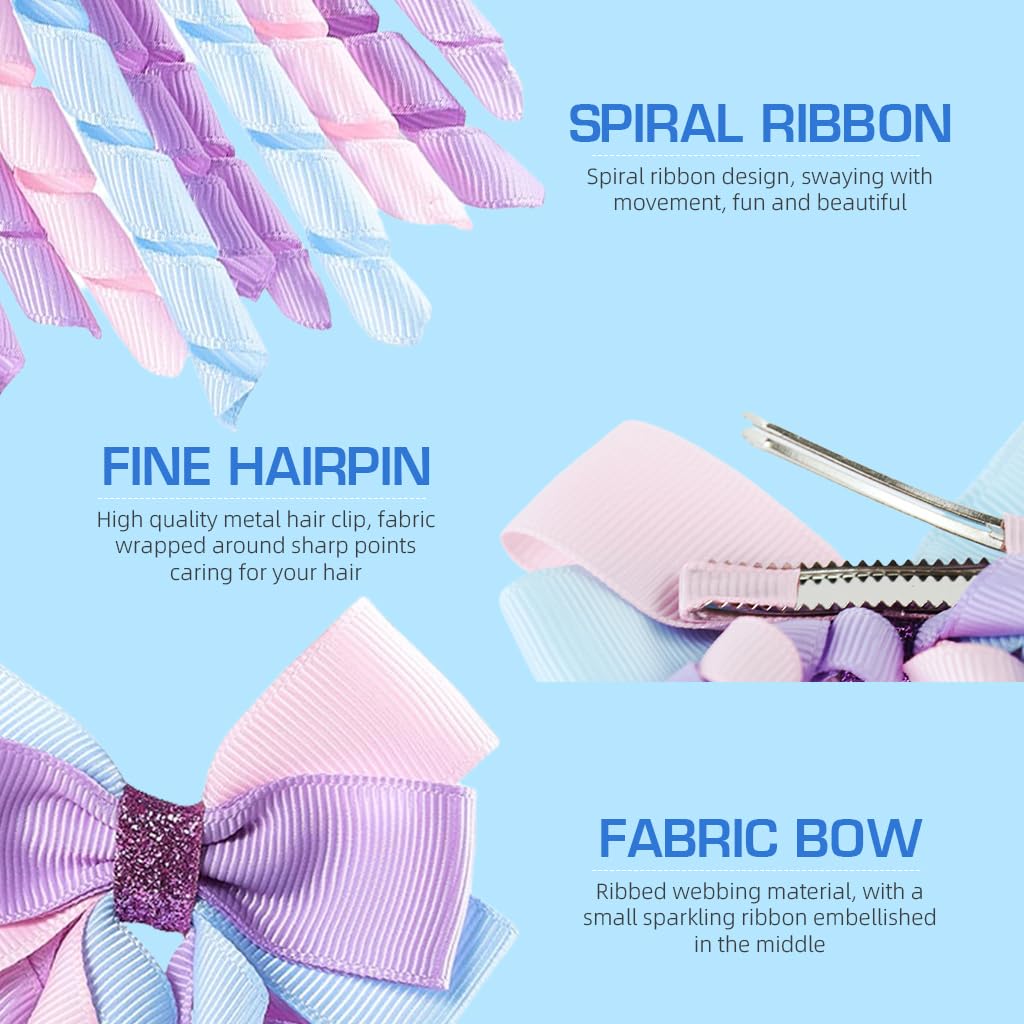 PALAY 3 Inch Hair Bow Clips Purple Curly Grosgrain Ribbon Hair Clips Handmade Kids Girls Cheer Hair Accessories for School Prom Party