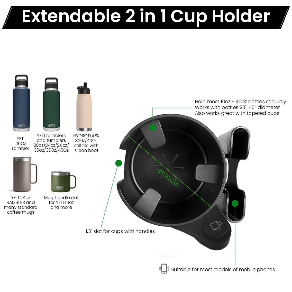 STHIRA Car Cup Holder, 360° Rotatable Car Phone Holder Water Bottle Holder, Multi Large Cup Holder Expander Fits Yeti, Stanley 32/40/46 and Most Water Cups