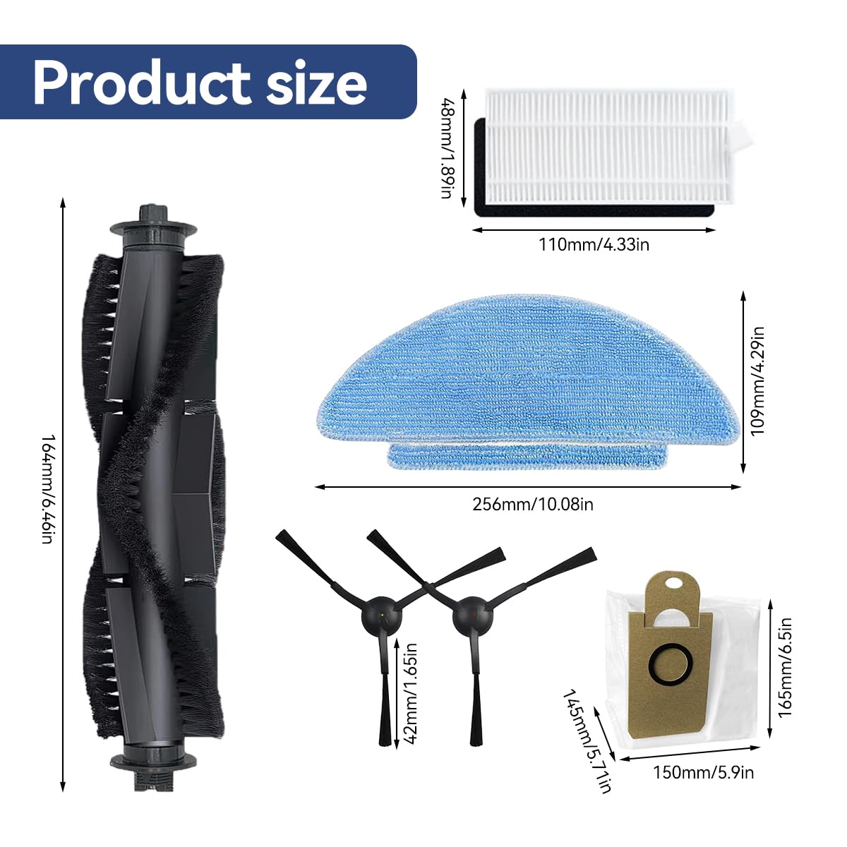 Verilux Vacuum Cleaner Accessories for ILIFE T10S Robot Vacuum Cleaner with 1 Main Brush, 4 Side Brushes, 2 Mop Cloth, 2 Filters, 2 Dust Collection Bags
