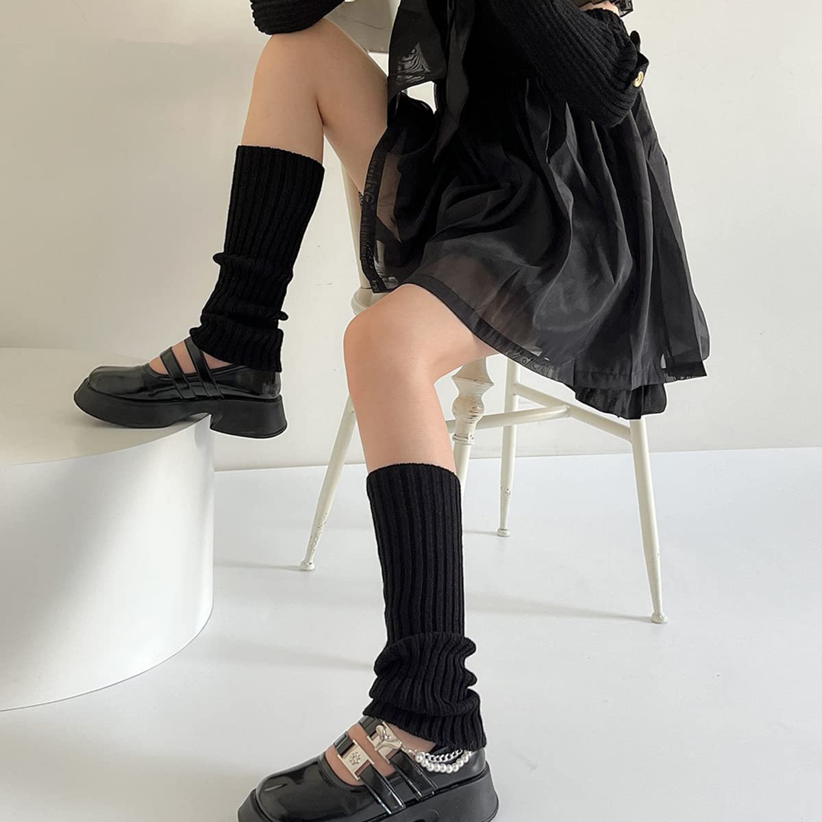 PALAY Leg Warmers for Women Knitted Leg Warmer Calf Length Stockings for Teens Girls Fashion Contrast Color Long Boot Socks - Grey