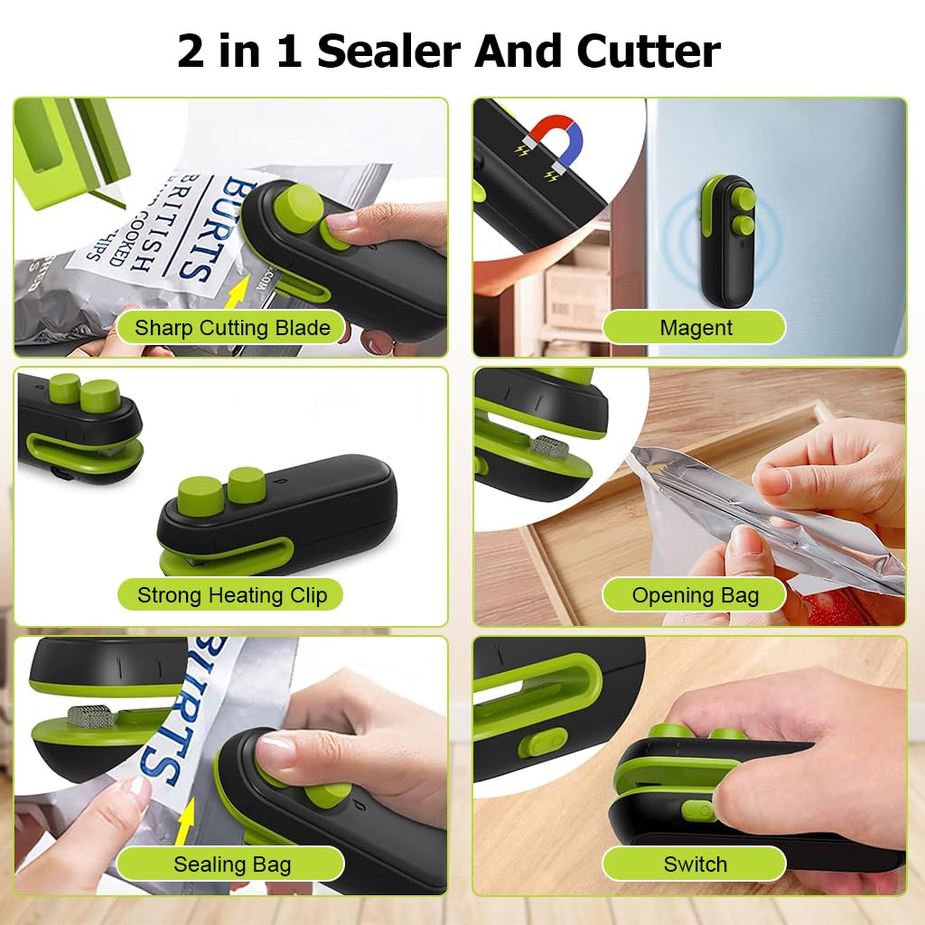 HASTHIP USB Bag Sealer, 2 in 1 Hot Bond Sealer with Cutter, Magnet Bag Sealer, Mini Bag Sealer Rechargeable Bag Sealer for Chips Bag, Snack Bag, Suitable Various Food Bag