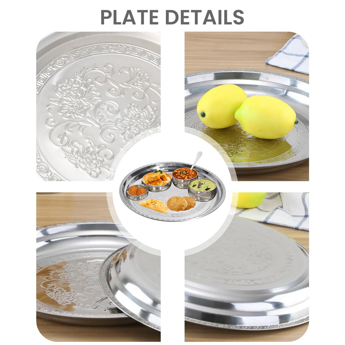 Supvox 6Pcs Stainless Steel Dinner Plates 11.8 Inches Round Shape Embossed Serving Trays Food Grade, Durable, Eco-Friendly, Dishwasher Safe Ideal for Special Occasions and Everyday Use