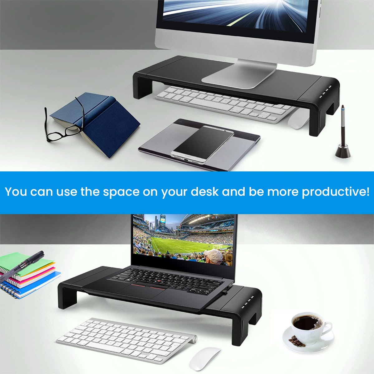 ZORBES Monitor Riser Stand Desk Monitor Riser Stand with 4 USB 2.0 Ports Support Charging Multifunctional Monitor Riser Office Desk Organizer Universal Desk Monitor Riser Stand, 52x20x8cm