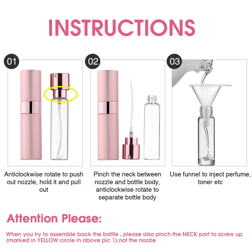 MAYCREATE 8ml Rotating Perfume Atomiser Spray Bottle -Portable Perfume Dispenser with Perfume Extractor Pump,Funnel,Dropper, Refillable Empty Spray Bottle for Perfume-Pink