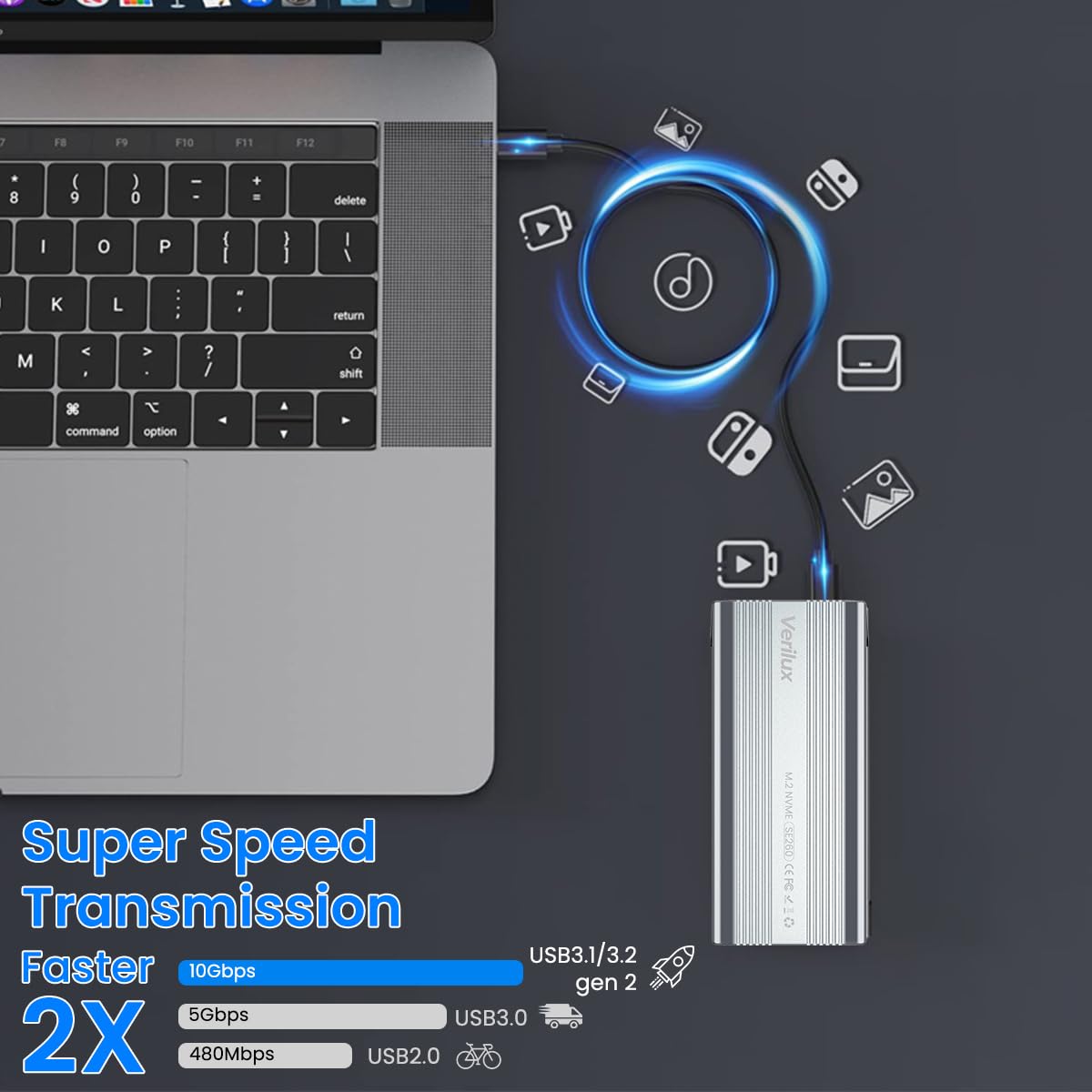 Verilux RGB M.2 NVMe SSD Enclosure, USB-C 3.1 Gen 2 10Gbps, Aluminum SSD Case, UASP & Trim Support, for 2230-2280 Sizes, Plug & Play for Laptop/PS4/Smartphone, Up to 2TB - No SSD Included