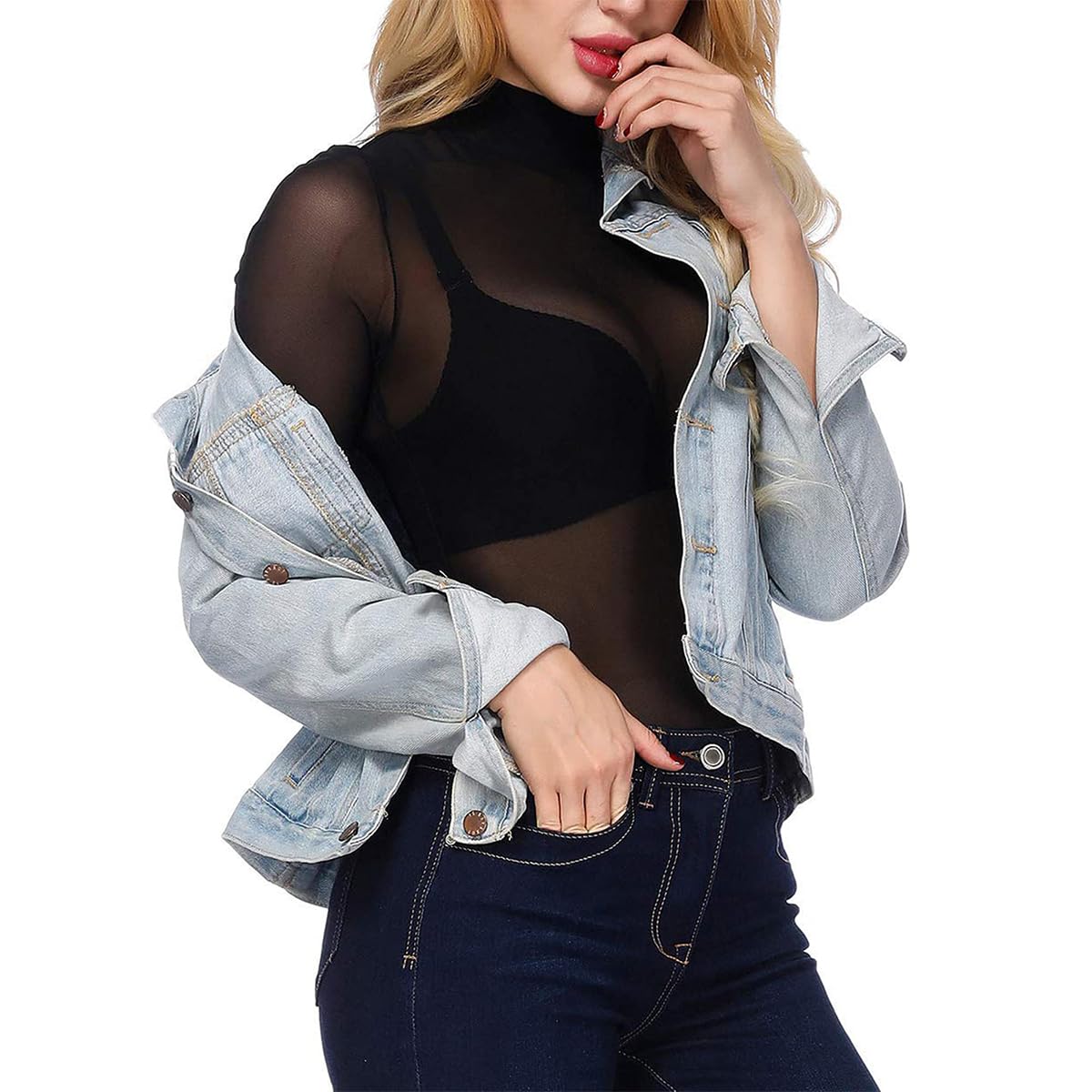 PALAY Women's Mesh Tops High Neck See Through Shirts Short Sleeve Long Sleeve Bodycon Sheer Slim Fit Blouse Clubwear, M