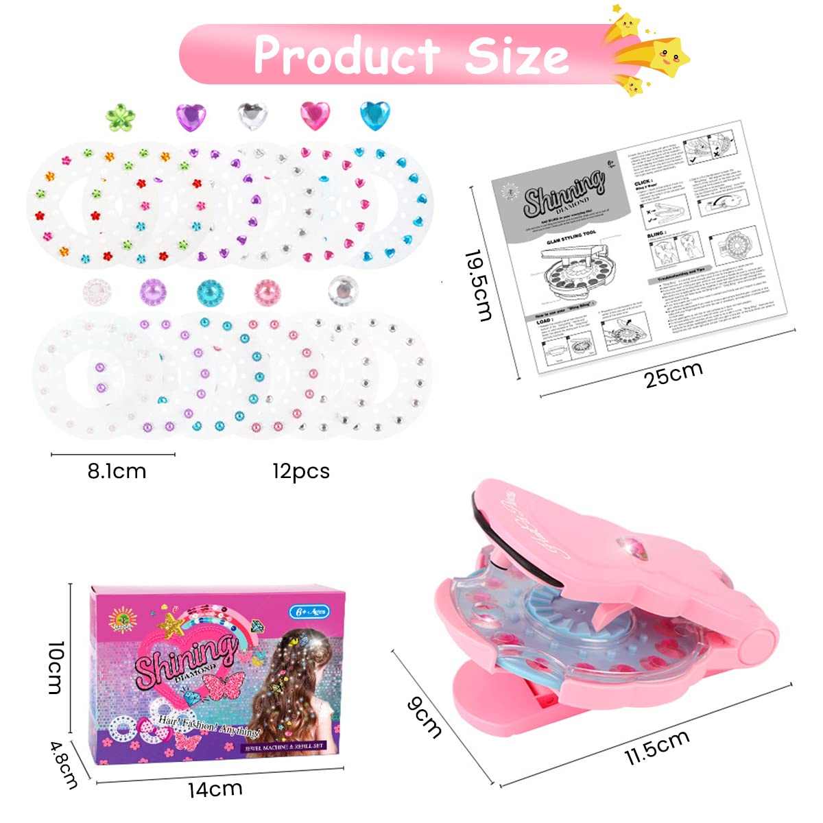 PALAY® Hair Gem Stamper Quick Hair Stapler for Girls Sparkle Rhinestones Quick Hair Gems Stapler Machine with 180pcs Glitter Gems Kit for Girls Kids Adults, Bling Hair in Seconds Party Styling Tool