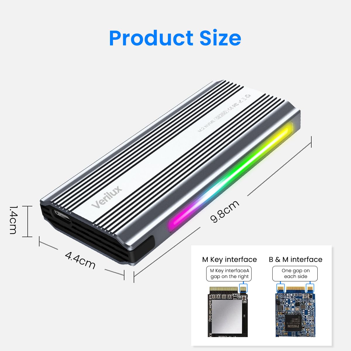 Verilux RGB M.2 NVMe SSD Enclosure, USB-C 3.1 Gen 2 10Gbps, Aluminum SSD Case, UASP & Trim Support, for 2230-2280 Sizes, Plug & Play for Laptop/PS4/Smartphone, Up to 2TB - No SSD Included