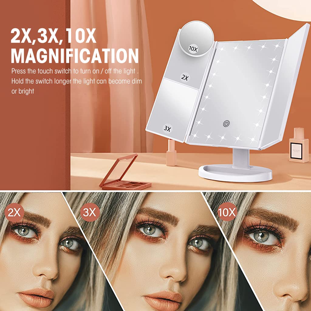 MAYCREATE LED Makeup Mirror 3-Sided Vanity Mirror Fold-up Makeup Mirror with 1X 2X 3X 10X Magnifying, Touch Button Control, USB/Battery Powered LED Makeup Mirror