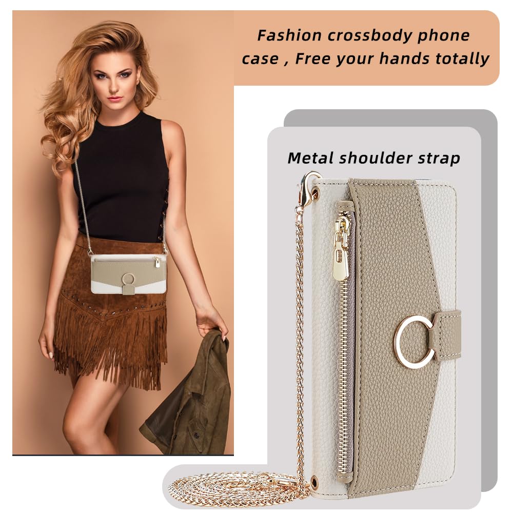 ZORBES Leather Phone Case for iPhone 15 Pro Max Fashion Women Flip Wallet Phone Case with Cash Zipper Pouches & Card Holders Multifunctional PU Leather Flip Phone Case with Removable Chain Strap