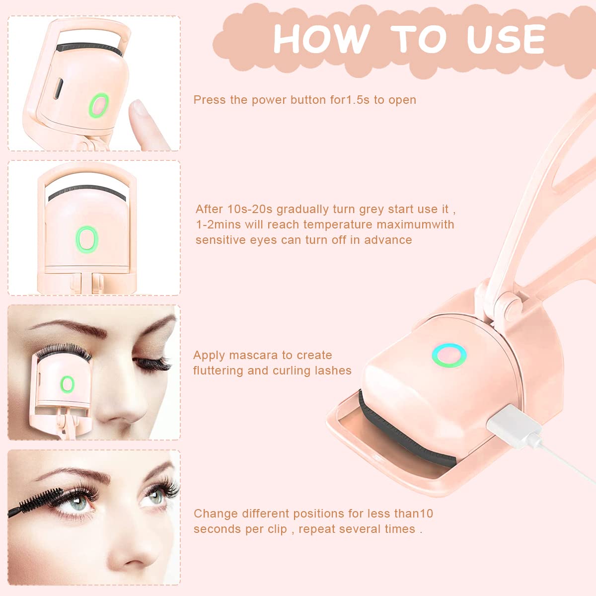 MAYCREATE USB Heating Eyelash Curler Rechargeable Eyelash Curler with 2 Temperature Adjustable Quick Heat Eyelash Curler Anti-scalding Long Lasting Natural Eyelash Curler