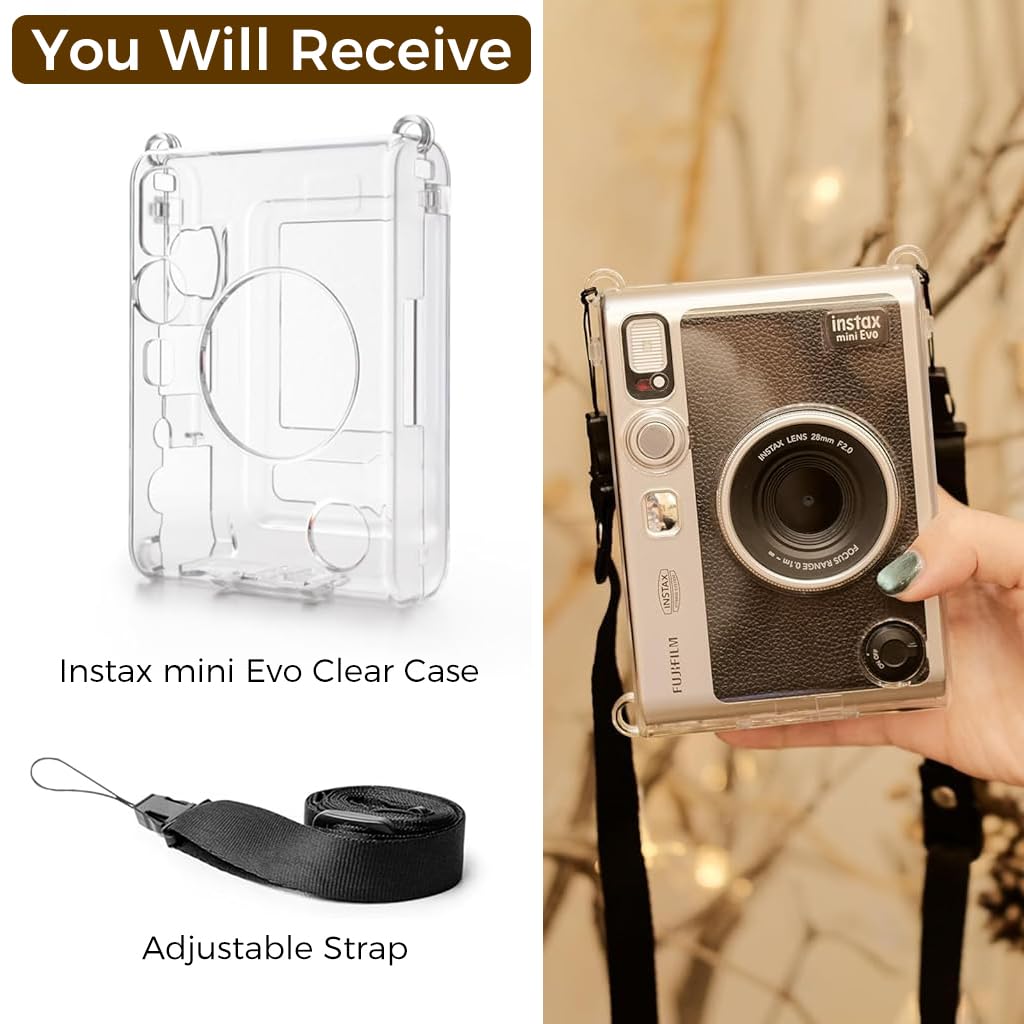 ZORBES Clear Case for Fujifilm Instax Mini Evo PC Protective Case for Polaroid Fuji Instax Mini Evo Camera Fashion Transparent Protecive Case with Attachable Loop