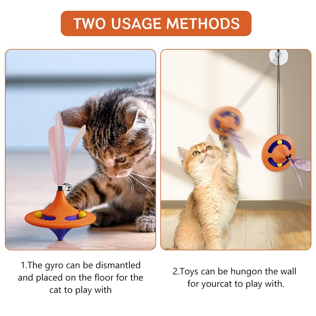 Qpets Cat Toys for Kids, Interactive Cat Toys for Persian Cat, Cat Toy for Indoor Cats Feather Teasing Toy, Rotatable Spinning Top Cat Turntable Toy with Suction Cup & Hanging Feather