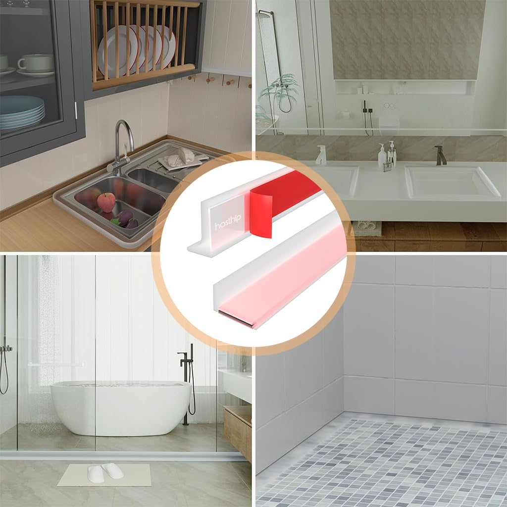 HASTHIP 59 Inches Shower Threshold Water Dam Flexible Shower Water Guard Blocker Self-Adhesive Silicone Shower Water Dam Shower Splash Guard for Kitchen Countertop Sink, Cooktop, Bathroom Tub