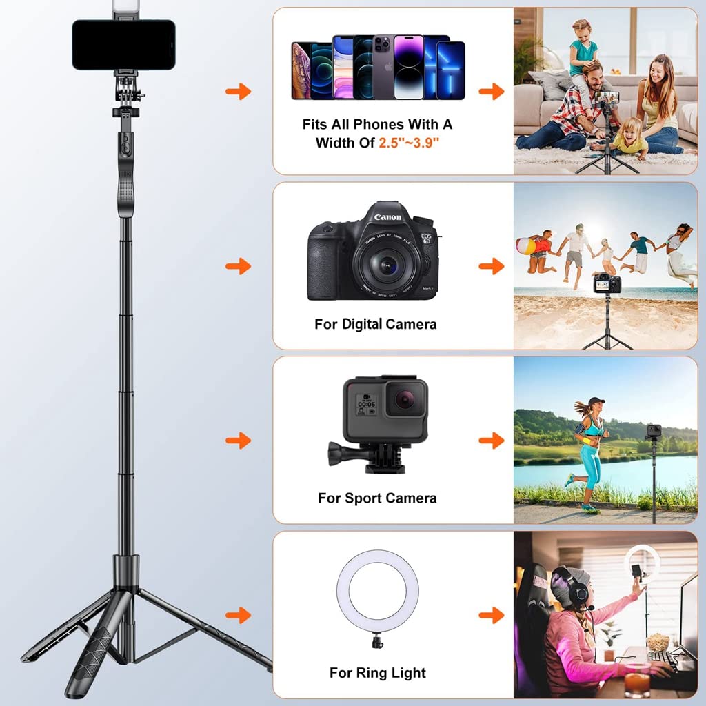 ZORBES 60'' Retractable Phone Tripod Rotatable Selfie Stick Tripod for Phone & DSLR Professional Photography Tripod with Fill Light, Lightweight Selfie Stick Tripod with Bluetooth Remote