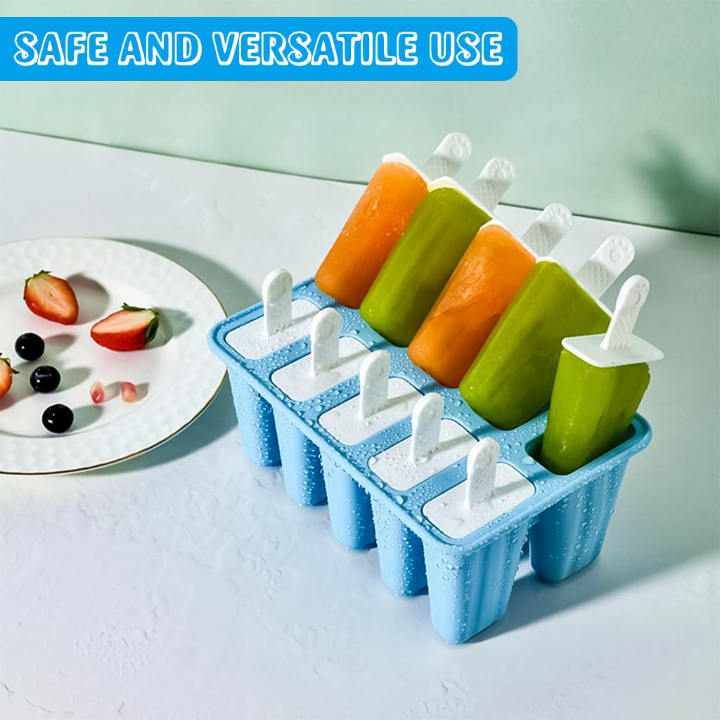 HASTHIP Popsicle Molds, 10 Pieces Popsicle Molds Reusable Silicone BPA Free Ice Pop Easy Release Popsicle Molds With Silicone Funnel & Cleaning Brush