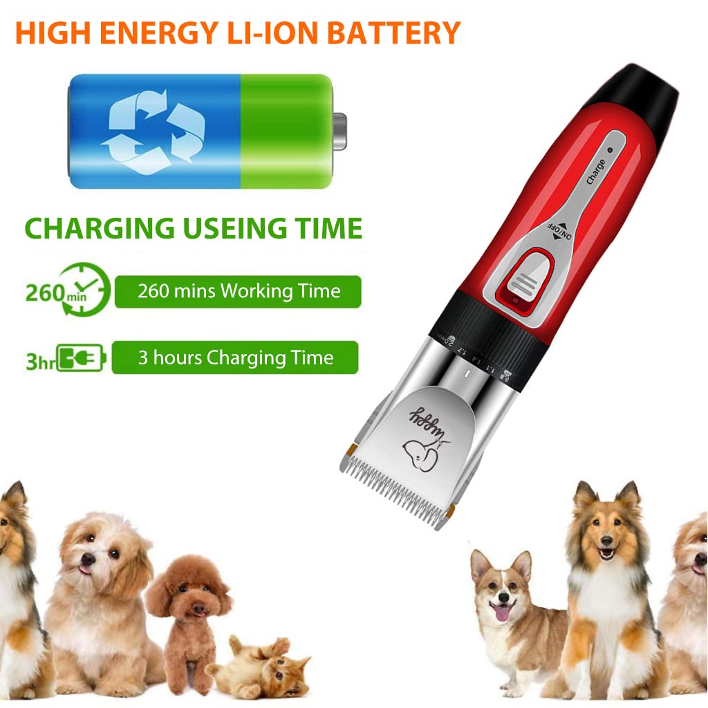 Qpets Electric Dog Hair Trimmer USB Rechargeable Hair Trimmer for Cat Thick Long Hair Dog Hair Trimmer Kit with Hair 4 Limiting Comb, Cleaning Brush, Pet Grooming Hair Clipper(Battery Power)